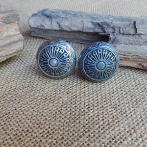 2 Vintage Embossed Knobs Southwest or Boho Style Floral Pattern Silver Toned Heavy Metal  ~  Pair Reclaimed Embossed Flower Knobs