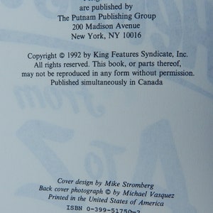 May include: A page from a book with text. The text includes the publisher's address in New York, a copyright notice from 1992, and the ISBN. The cover design is credited to Mike Stromberg, and the back cover photograph to Michael Vasquez.
