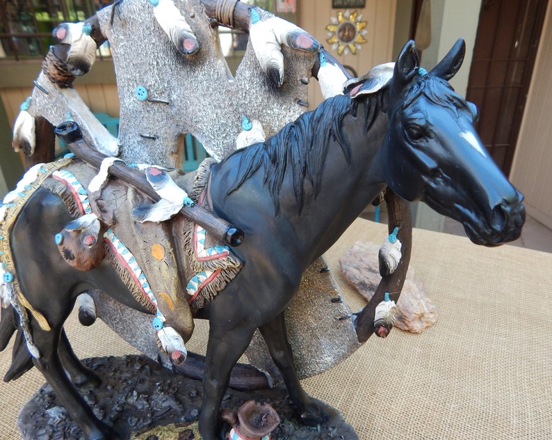 Black Stallion Medicine Man's Horse / Large Heavy Composite Black Stallion Adorned with Feathers Peace Pipe Medicine Bag Headdress image 6