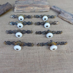 8 (Eight)  1967 Amerock Porcelain Knobs Brass Backplates  ~  Amerock 1967 Canada Pat No D207701  ~  8 Amerock Ceramic Knobs Brass Backplates