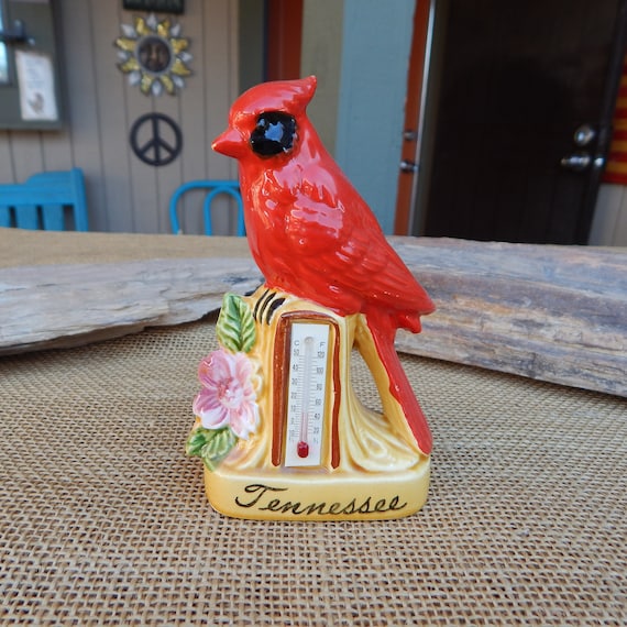 Red Cardinal Tennessee Souvenir with Thermometer  ~  Mid Century Tennessee Souvenir  ~  Red Cardinal on Stump Cherry Blossom  Thermometer