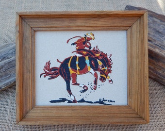 Bucking Bronco Sandpainting by New Mexico Artist Rita Johnson Navajo Sand Painter  /  New Mexico Bucking Bronco Sandpainting  /  NM Artist