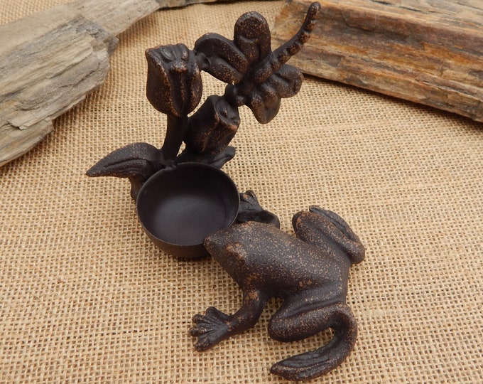 Cast Iron Frog Candle Holder / Cast Iron Frog Incense Burner / Cast Iron Frog Dragonfly Tulips