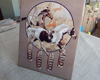Galloping Horses with Feathers Decorative Tile  ~  Paint & Pinto Horses on Large Tile  ~  Easel Back  ~  Artist David C. Behrens