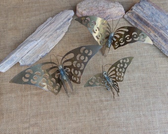 3 Solid Brass Butterflies  ~  3 Graduated Sizes Free Standing Brass Butterflies has Detachable Wall Mount Brackets  ~  Spread Pierced Wings