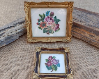 2 Floral Petit Point Austrian Masterpieces  /  Small Framed Petit Point Cross Stitch Rose Bouquets Wall Hangings /  Handmade in Austria