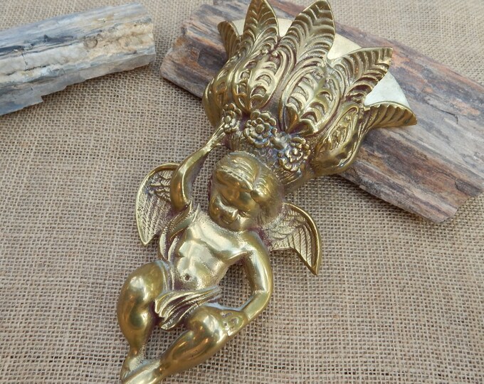 Large Brass Angel Wall Pocket / Brass Wall Pocket / Brass Cherub Wall