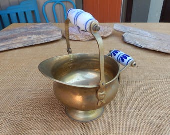 Vintage Solid Brass Small Scuttle with Delft Blue Ceramic Handles  ~  Solid Heavy Brass Scuttle Made in India  ~  6 1/2" Tall w Handle Up