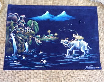 Black Velvet Asian River Village Scene  ~  Mid Century Signed and Dated Original Oil on Black Velvet  ~  1966 Detailed Painting on Velvet