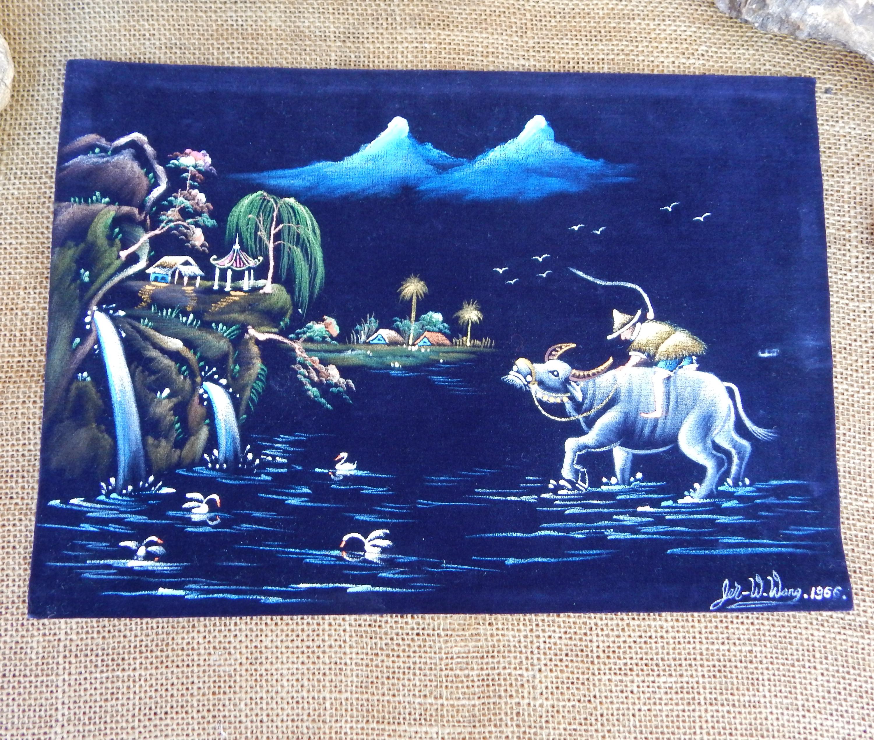 Black Velvet Asian River Village Scene ~ Mid Century Signed and