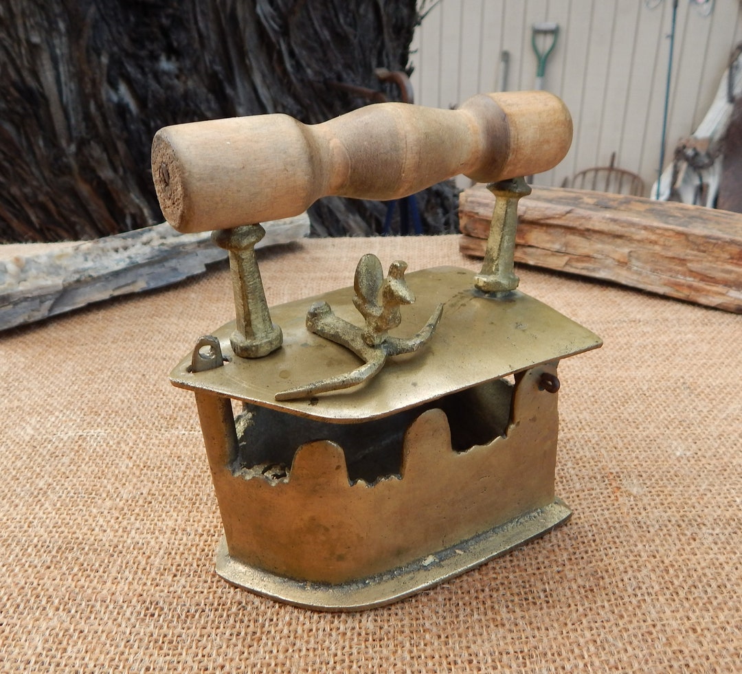 Vintage Brass Coal Fired Iron / Brass With Wood Handle & Rooster Latch