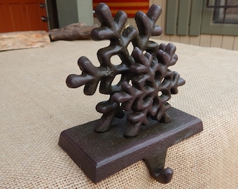 Cast Iron Double Snowflake Stocking Holder  ~  Christmas Offset Double Snowflake Stocking Holder  ~  Heavy with Brown Finish