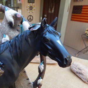 Black Stallion Medicine Man's Horse / Large Heavy Composite Black Stallion Adorned with Feathers Peace Pipe Medicine Bag Headdress image 2