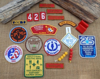Cub Scout Patches  /  17 Cub Scout Patches and 2 Ribbons  /  1982~1983~1984 Illinois Cub Scout Patches  /  Large Lot of Authentic Patches