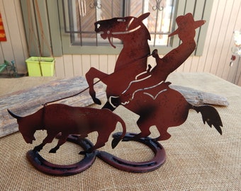 3-D Cowboy on Horse Roping a Steer Sheet Metal Silhouette on Double Horse Shoe Base  /  Vintage Cowboy Art  /  3-D Sheet Metal Cowboy Art