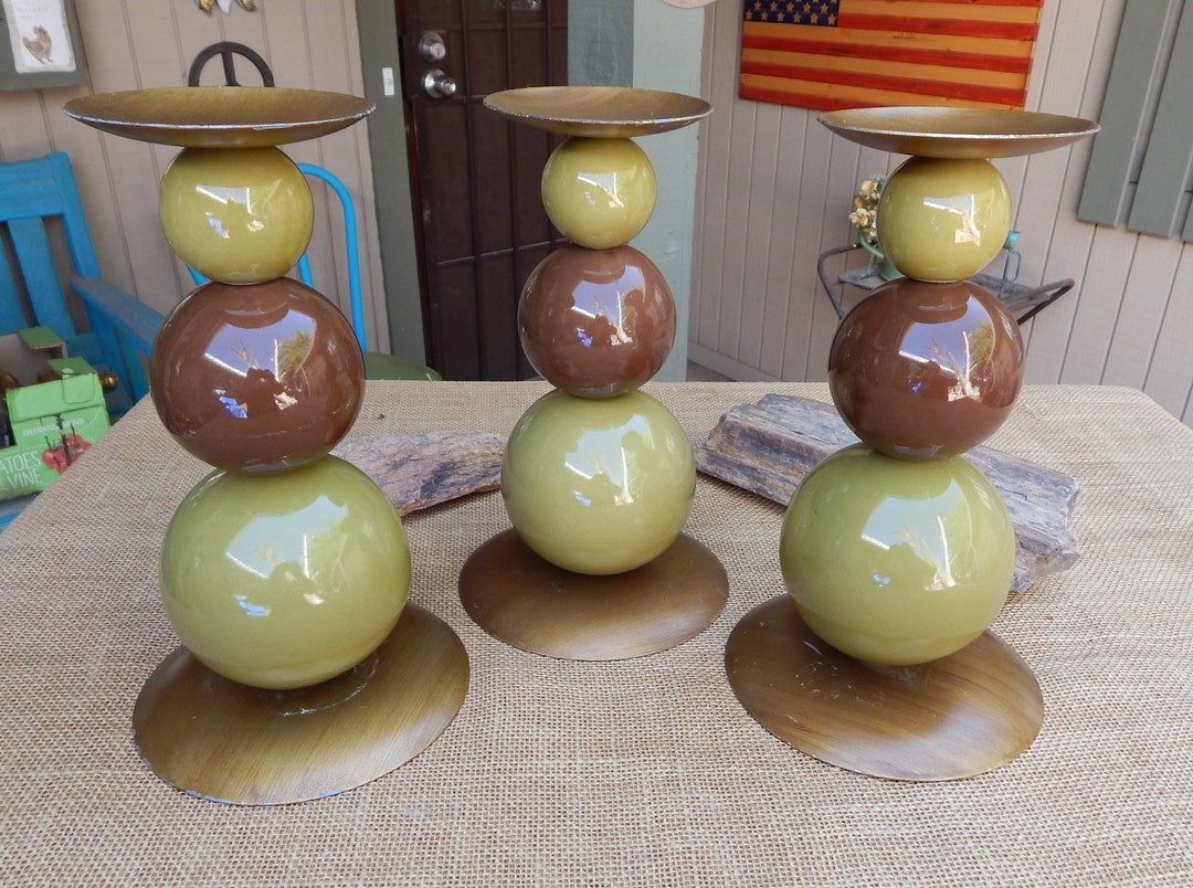 Set of 3 Mid Century Modern Candle Stands Holders / Avocado Green