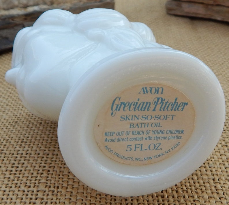 AVON Milk Glass Grecian Pitcher Decanter / AVON Grecian Pitcher Milk Glass Decanter / Skin So Soft Bath Oil / Milk Glass Bottle image 7