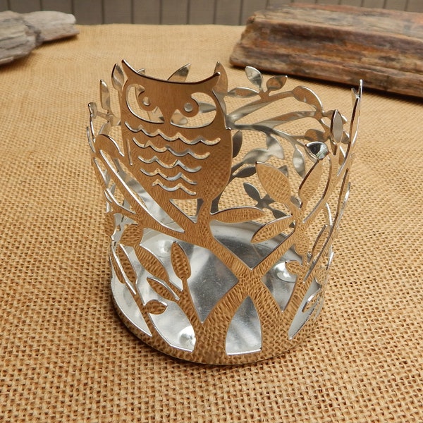 Silver Metal Owl in Tree Pillar Candle Sleeve  /  3" Wide Silver Owl Pillar Candle Holder  /  Owl Leaves Branches Pillar Candle Sleeve
