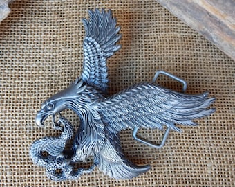 Large Pewter Eagle & King Cobra Belt Buckle  ~  Highly Detailed Wings Up Eagle - Striking King Cobra with Open Hood or Fan ~ Belt Buckle