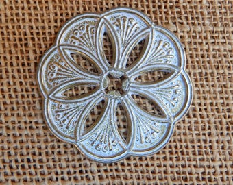 1 Perma-Bilt Industries Filigree Knob Back Plate  ~  Brass with White Wash Finish  ~  Floral Design Back Plate  ~  New Old Stock 1960&#39;s 70&#39;s