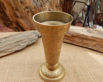 Etched Solid Brass Vase  /  Expertly Etched Flowers & Leaves Brass Vase  /  Clean Quality Fully Etched Brass Vase  /  India  /  Etched Vase