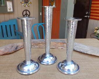 3 Hammered Silver Metal over Brass Candlestick Holders  ~  Made in India  ~  Tallest is 10" and Shorter Two are 8 1/2"  ~  Hammered Finish