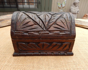 Treasure Chest Jewelry Box  /  1970's Fully Carved ~ Domed Hinged Lid ~ Solid Wood Treasure Chest  /  Carved Wood Treasure Chest Stash Box