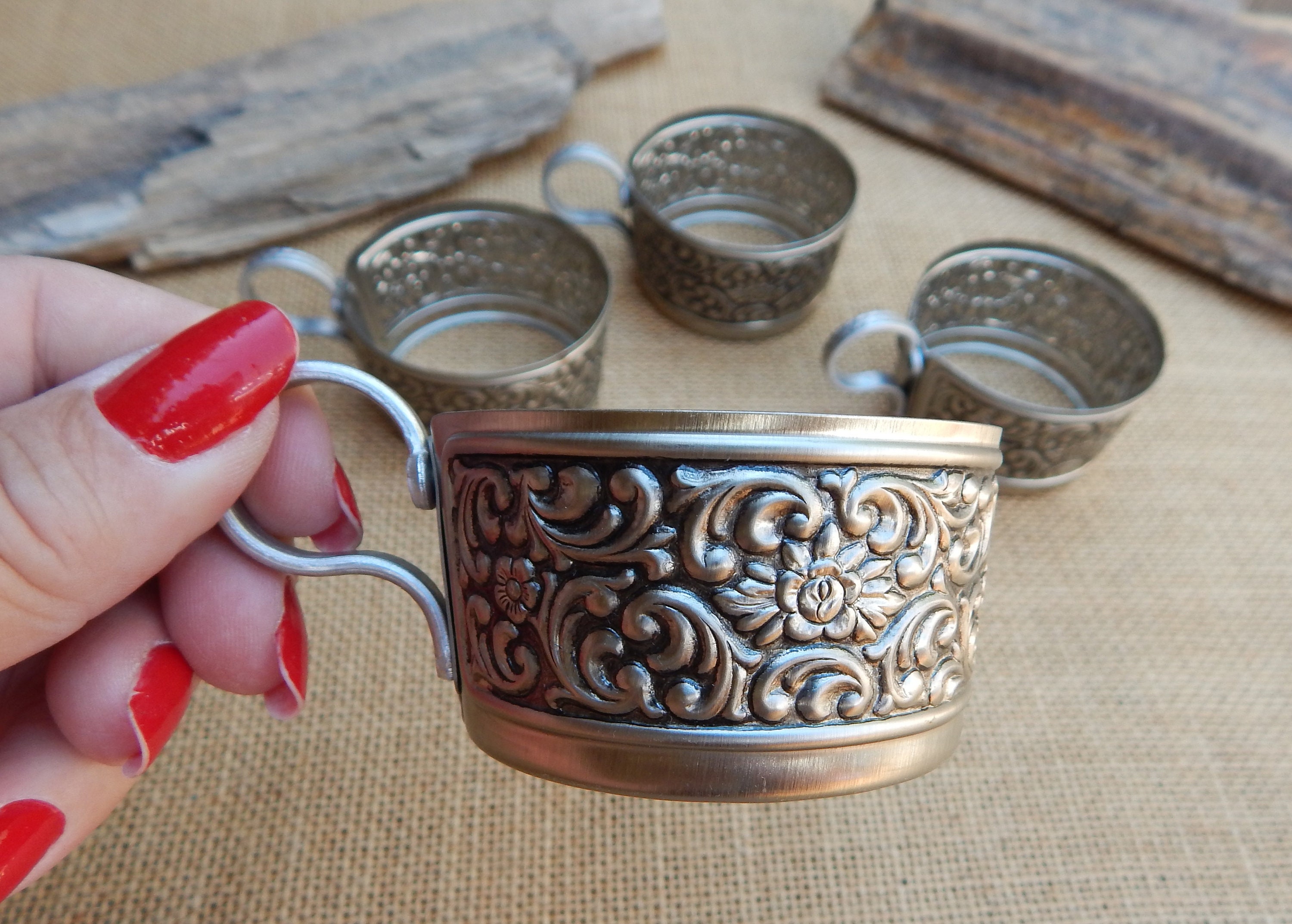4 Pressed Aluminum CUP HOLDERS / Floral Pattern Pressed Aluminum Cup Holders Hammered Handles / Set of 4 Cup Holders - Pressed Floral