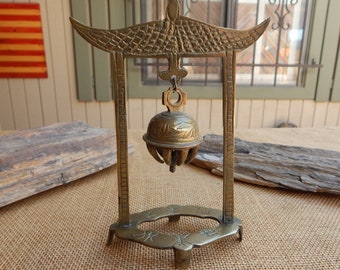 Chinese Brass Elephant Claw Bell on Pagoda Style Stand  /  Solid Brass Elephant Claw Bell on Stand with Chinese Writing Base is Etched China