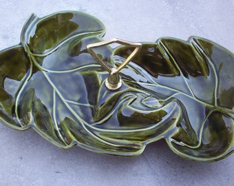 Forest Green Leaf Tidbit Tray  /  Large Forest Green Leaf Shaped Relish Tray  /  Made in USA  /  Mold R-117  /  Vintage Leaf Serving Tray
