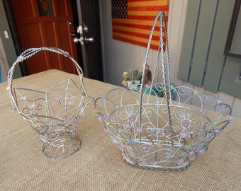 2 Beaded Silver Wire Floral Baskets ~ Pedestal Base  /  Twisted Wire ~ Pastel Acrylic Beads ~ Floral Motif ~ Wire Baskets  /  Two Baskets