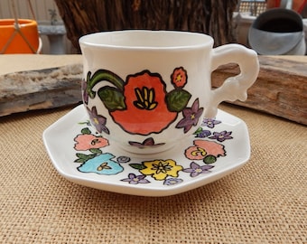 Floral Cup and Saucer  /  Artist Original Floral Cup and Saucer  /  Hand Painted Cup and Saucer  /  Bold Colors Cup and Saucer  /  Vintage