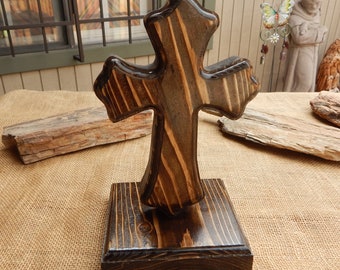 Solid Wood Handmade Cross Dark Stain  /  Free Standing Solid Wood Cross  /  Simple Wood Cross  /  Biker's Style Cross  /  Rosary Holder