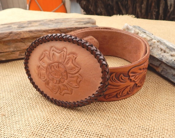 Tooled Leather Belt & Buckle / Leather Belt Buck