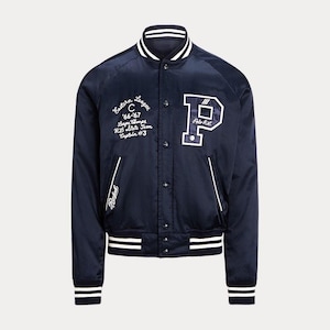 Polo Ralph Lauren heren varsity-jack, marineblauwe satijnen bomberjack, New York letterman-jack, baseballjack met P-patch, preppy streetwear-jack