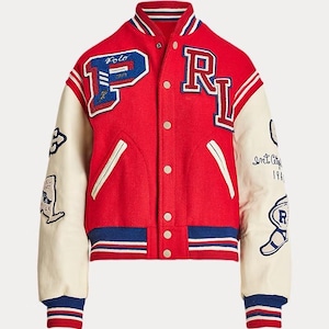 Chaqueta universitaria Polo Ralph Lauren / Mezcla de lana roja, mangas de cuero color crema, parches RL