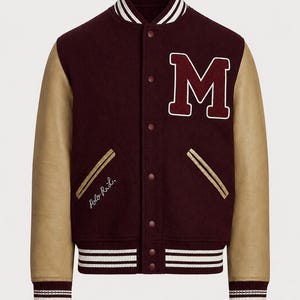 Polo Ralph Lauren Morehouse Tigers Collegejacke, bordeauxrote Woll- und hellbraune Leder-Collegejacke, Herren-Bomberjacke im Vintage-Stil