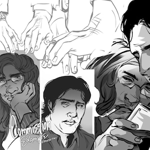 Puede incluir: Una ilustraci&oacute;n digital en blanco y negro que presenta varios bocetos de personajes, incluyendo primeros planos de rostros con expresiones variadas, manos y una figura sosteniendo un vaso. El texto "Commission Example" y "@kannorean" es visible.