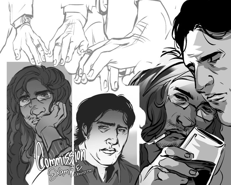 Puede incluir: Una ilustraci&oacute;n digital en blanco y negro que presenta varios bocetos de personajes, incluyendo primeros planos de rostros con expresiones variadas, manos y una figura sosteniendo un vaso. El texto "Commission Example" y "@kannorean" es visible.