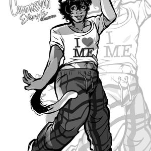 Puede incluir: Una ilustraci&oacute;n digital en blanco y negro de un personaje felino con orejas y cola, que lleva una camiseta de manga corta con el texto I heart ME y pantalones de ch&aacute;ndal estampados con cord&oacute;n. El personaje hace un signo de paz.