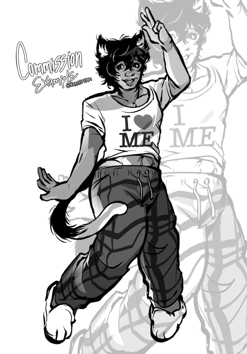 Puede incluir: Una ilustraci&oacute;n digital en blanco y negro de un personaje felino con orejas y cola, que lleva una camiseta de manga corta con el texto I heart ME y pantalones de ch&aacute;ndal estampados con cord&oacute;n. El personaje hace un signo de paz.