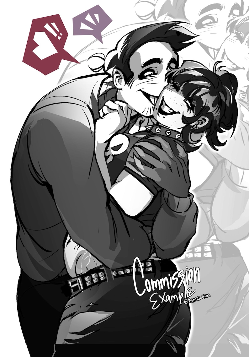 Puede incluir: Una ilustraci&oacute;n digital en blanco y negro que muestra a dos personajes abrazados. Un personaje besa al otro en la mejilla. Ambos llevan cinturones con tachuelas y ropa oscura. El texto "Commission Example" y "@kannorean" aparece en la parte inferior.