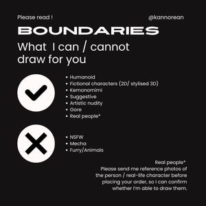 Puede incluir: Un gr&aacute;fico informativo negro titulado BOUNDARIES por @kannorean. Enumera servicios de dibujo que incluyen humanoide, personajes ficticios, kemonomimi, sugerente, desnudez art&iacute;stica, gore y personas reales, excluyendo NSFW, mecha y furry/animales.