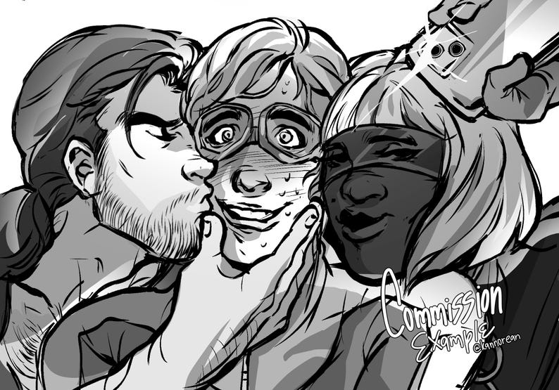 Puede incluir: Una ilustraci&oacute;n digital en blanco y negro con tres personajes. Un personaje con gafas protectoras recibe un beso en la mejilla de un personaje barbudo, mientras otro con m&aacute;scara se toma un selfie. El texto Commission Example es visible.