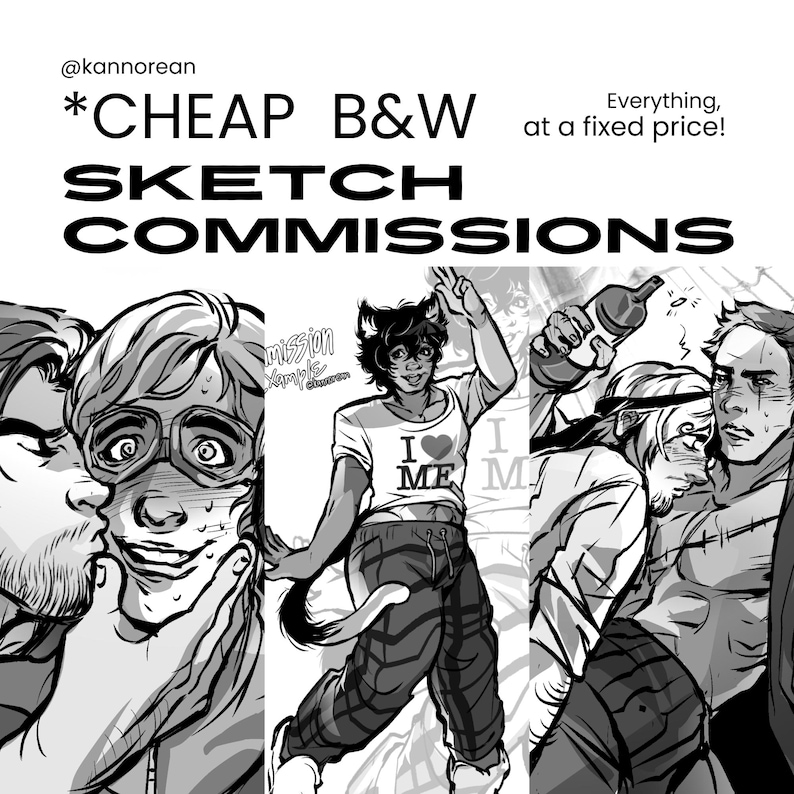 Puede incluir: Un anuncio de ilustraci&oacute;n digital en blanco y negro con el texto @kannorean *CHEAP B&W Everything, at a fixed price! SKETCH COMMISSIONS. La imagen muestra tres bocetos de personajes separados en estilo manga con expresiones variadas.