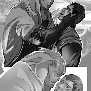 Puede incluir: Una ilustraci&oacute;n digital en blanco y negro que muestra a dos figuras en un abrazo &iacute;ntimo. Una figura tiene crestas craneales distintivas y una apariencia texturizada, mientras que la otra tiene rasgos humanos. El texto Commission Example es visible.