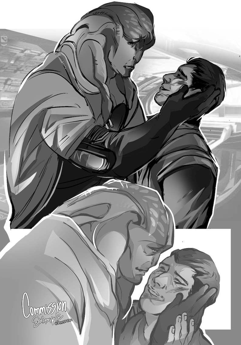 Puede incluir: Una ilustraci&oacute;n digital en blanco y negro que muestra a dos figuras en un abrazo &iacute;ntimo. Una figura tiene crestas craneales distintivas y una apariencia texturizada, mientras que la otra tiene rasgos humanos. El texto Commission Example es visible.