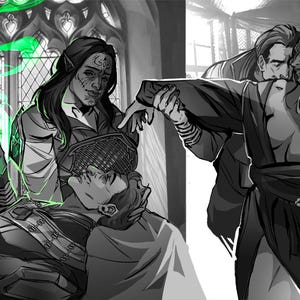 Puede incluir: Una ilustraci&oacute;n digital en blanco y negro con tres figuras con vestimenta de fantas&iacute;a. Una figura lanza magia verde, otra est&aacute; recostada y una tercera est&aacute; de pie. El texto Commission Example es visible en la esquina inferior derecha.