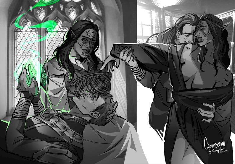 Puede incluir: Una ilustraci&oacute;n digital en blanco y negro con tres figuras con vestimenta de fantas&iacute;a. Una figura lanza magia verde, otra est&aacute; recostada y una tercera est&aacute; de pie. El texto Commission Example es visible en la esquina inferior derecha.