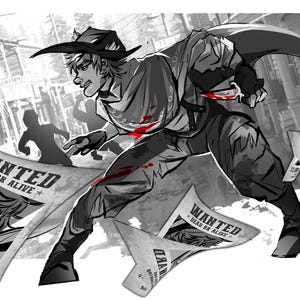 Puede incluir: Una ilustraci&oacute;n digital en blanco y negro de un personaje con sombrero de vaquero y poncho corriendo por un pueblo. El personaje sostiene un cuchillo peque&ntilde;o. Varios carteles de se busca con el texto WANTED DEAD OR ALIVE est&aacute;n esparcidos.